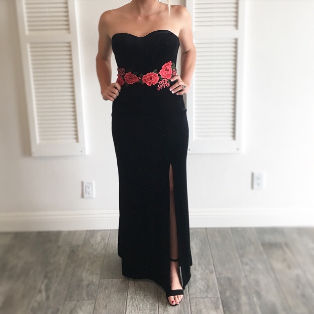 Velvet with rose appliqué formal strapless dress